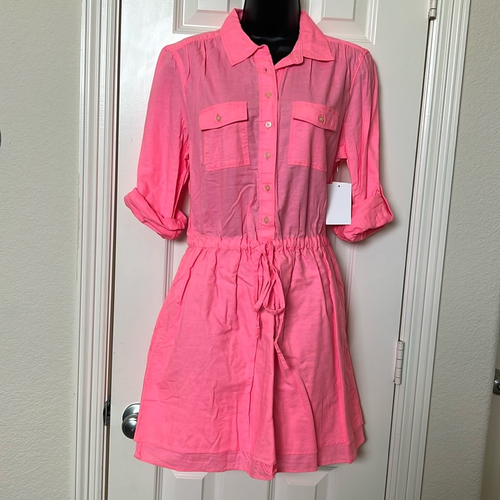 NWT Gap pink dress rolled up sleeve w/pockets cinched waist. Size M
